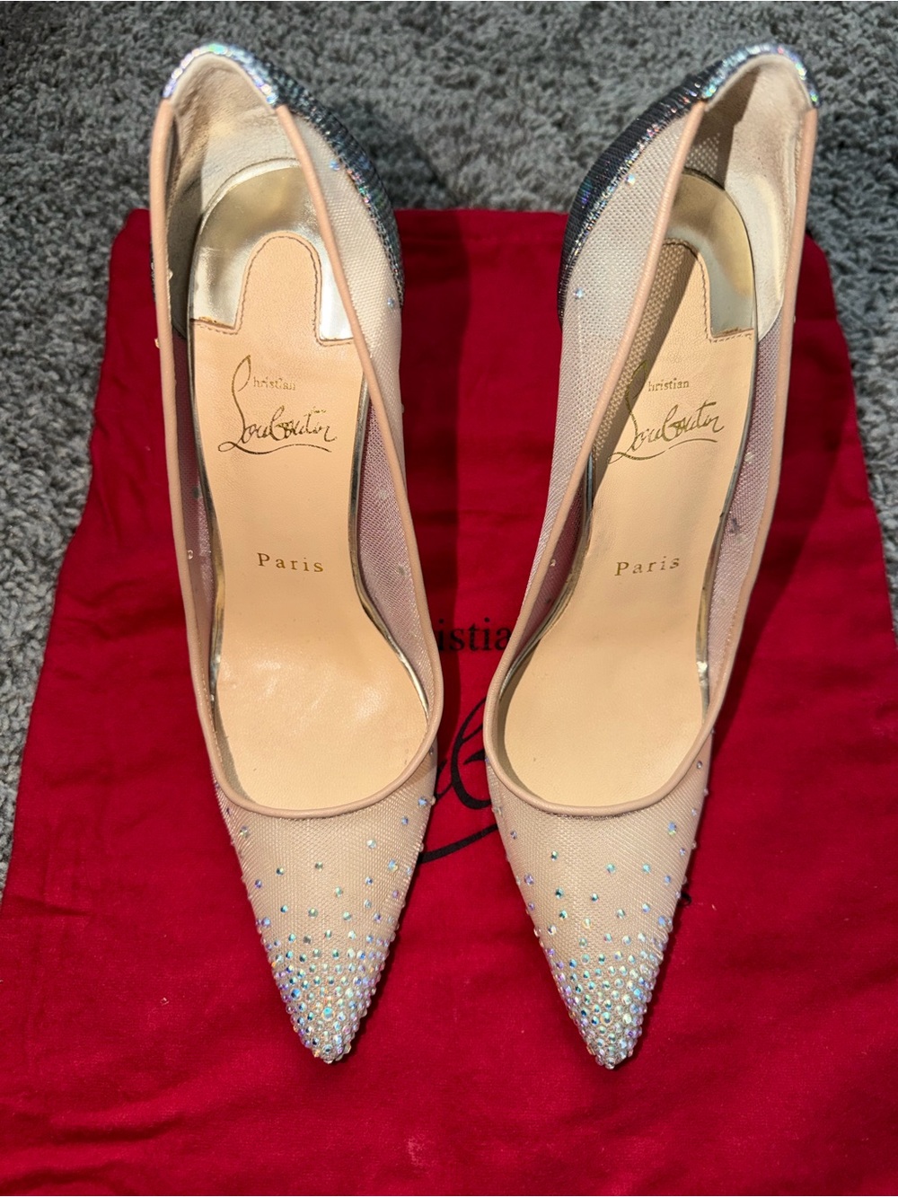 Christian Louboutin Nude Mesh Crystal-Studded Pointed Toe Pumps